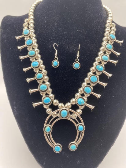 NAVAJO STERLING TURQUOISE SQUASH BLOSSOM NECKLACE
