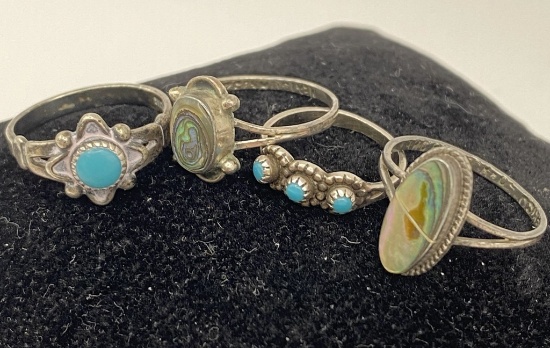 4 VINTAGE SMALL STERLING TURQUOISE ABALONE RINGS