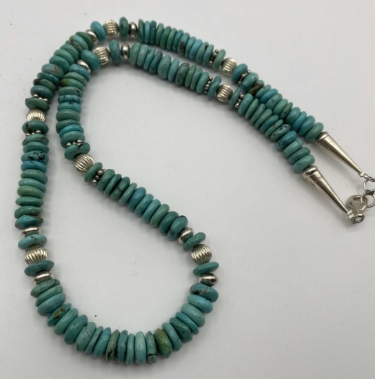 62 GRAM STERLING TURQUOISE BEADED NECKLACE