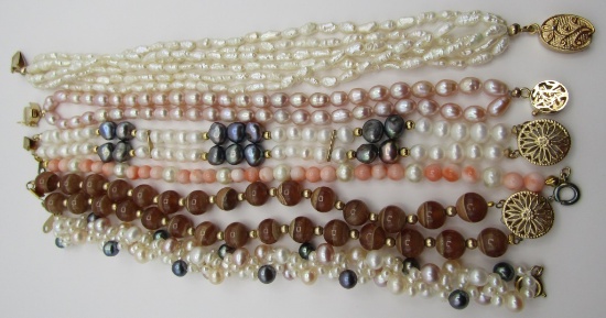 6PC CULTURED PEARL CORAL BRACELET COLLECTION LOT