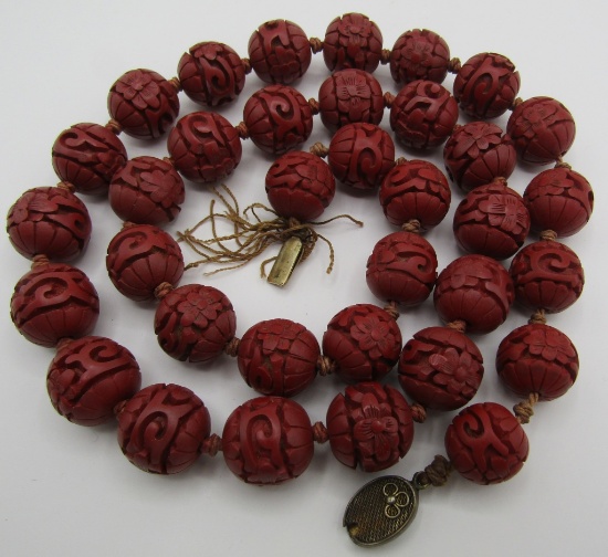 26" 15MM CINNABAR BEAD NECKLACE STERLING SILVER