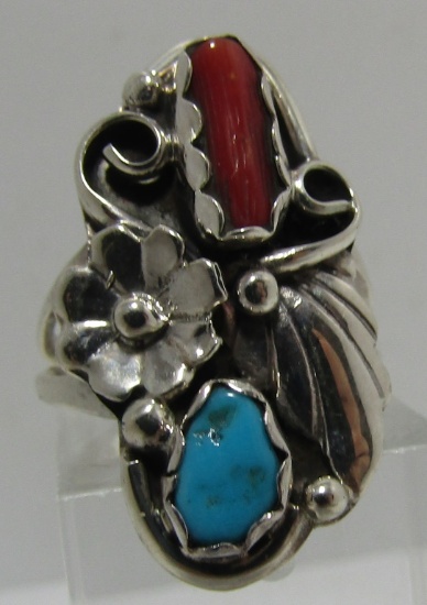 "M" TURQUOISE CORAL RING STERLING SILVER