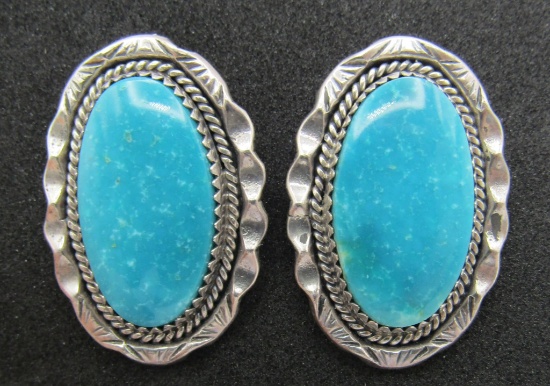 LARGE GEM TURQUOISE EARRINGS STERLING SILVER