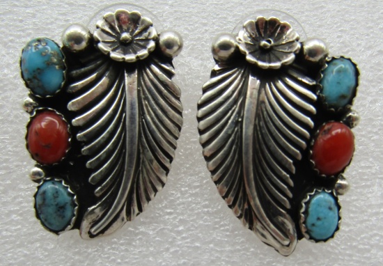 "GB" TURQUOISE CORAL EARRINGS STERLING SILVER
