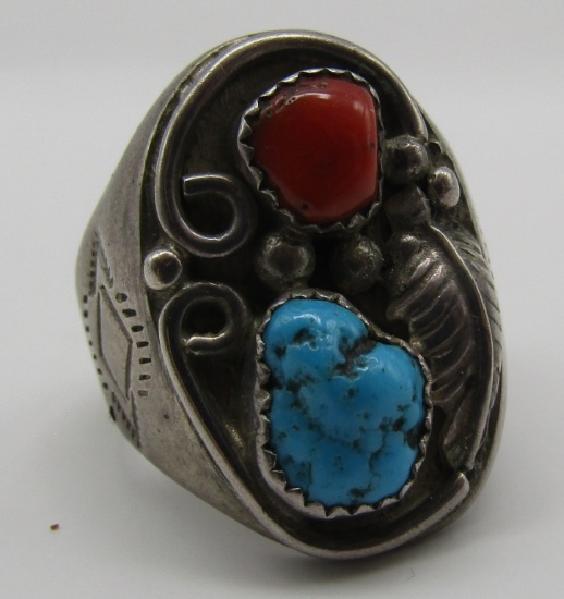 TURQUOISE CORAL RING STERLING SILVER SIZE 11