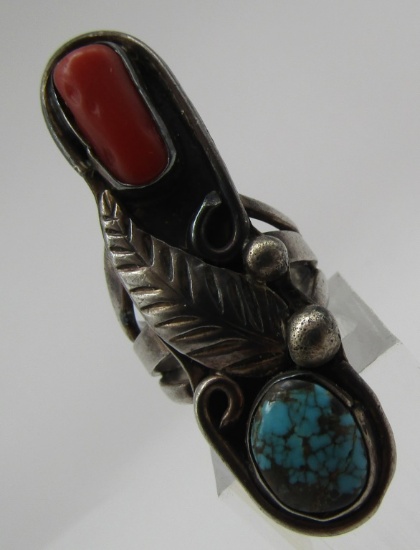 SPIDERWEB TURQUOISE & CORAL RING STERLING SILVER