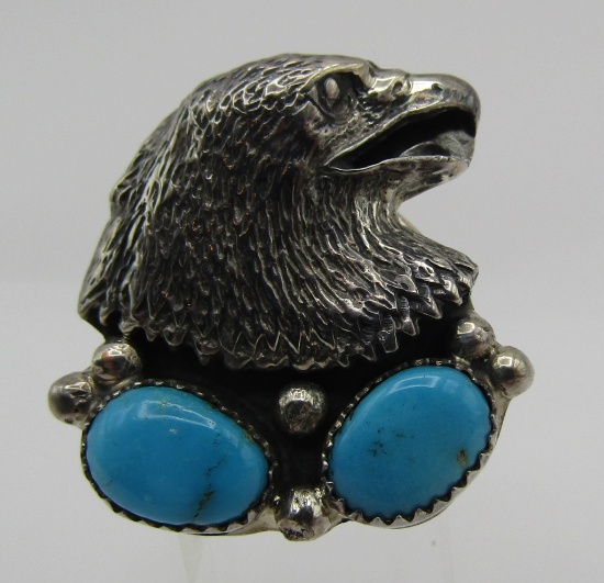 "H" EAGLE TURQUOISE RING STERLING SILVER SIZE 11.5