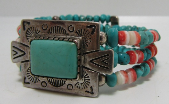 TURQUOISE & SPINY OYSTER SHELL BRACELET STERLING