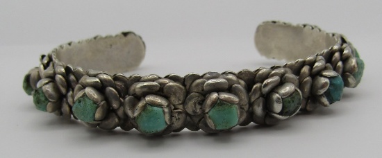 14 TURQUOISE ROSE CUFF BRACELET STERLING SILVER