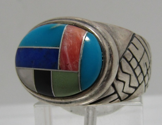 CR" TURQUOISE RING STERLING SILVER INLAY LAPIS MOP