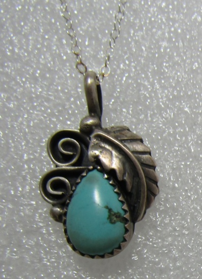 NAVAJO TURQUOISE PENDANT 18" NECKLACE STERLING SIL