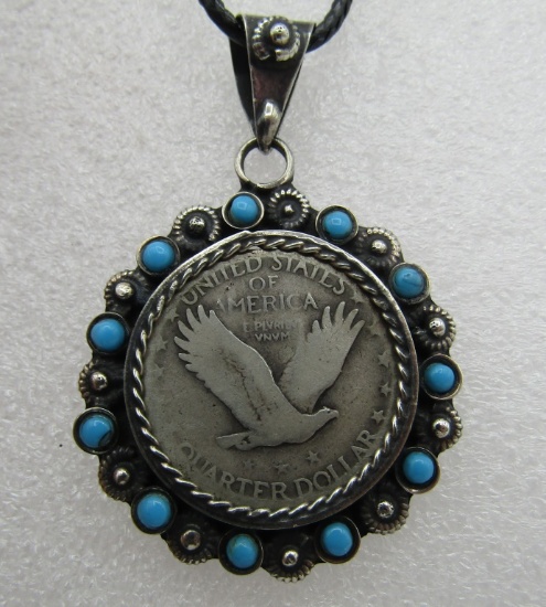 TAXCO PRE 1930 QUARTER TURQUOISE PENDANT STERLING