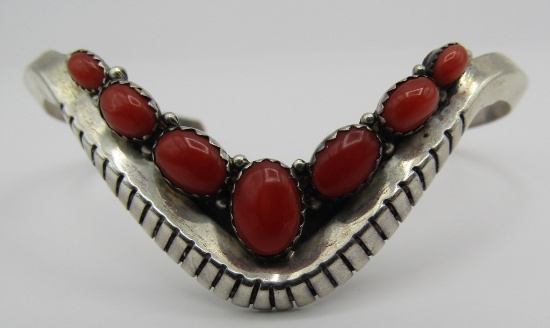BEA TOM RED CORAL CUFF BRACELET STERLING SILVER