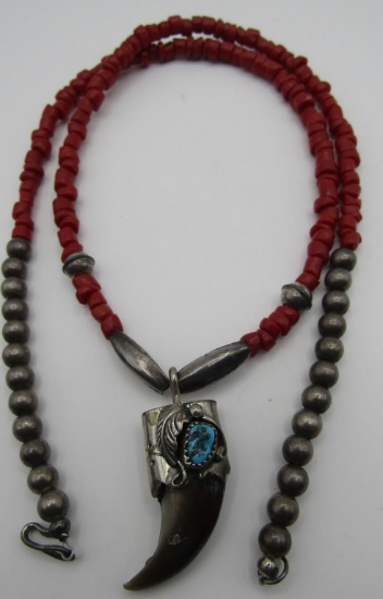 BEAR CLAW CORAL TURQUOISE NECKLACE STERLING SILVER
