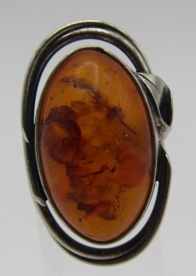 HALLMARK BALTIC FOSSIL AMBER RING STERLING SILVER