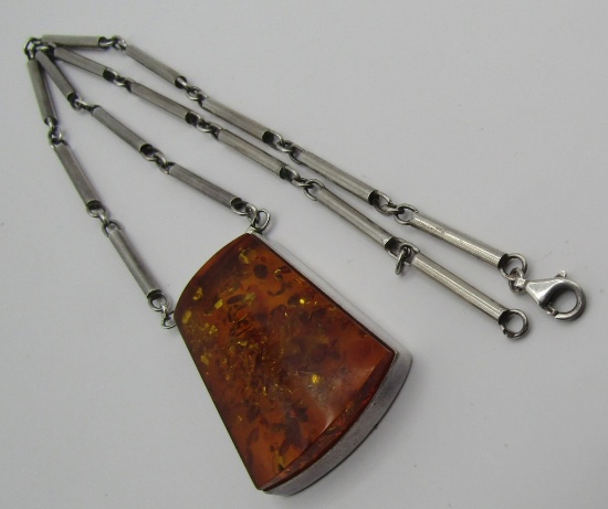 FOSSILIZED AMBER PENDANT NECKLACE STERLING SILVER