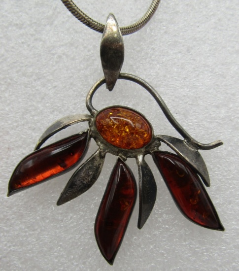 FOSSILIZED AMBER PENDANT NECKLACE STERLING SILVER