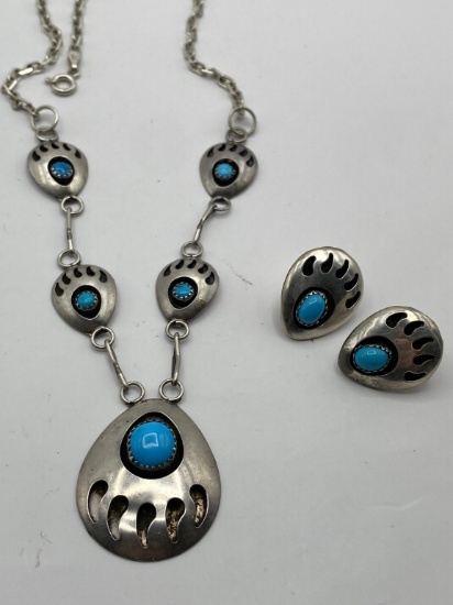 STERLING TURQUOISE BEAR PAW NECKLACE EARRINGS SET