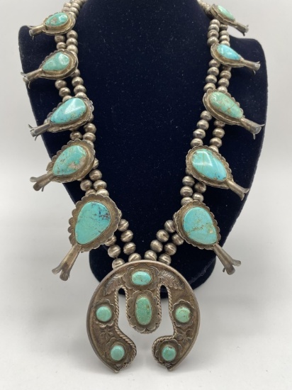 1970S STERLING TURQUOISE SQUASH BLOSSOM NECKLACE