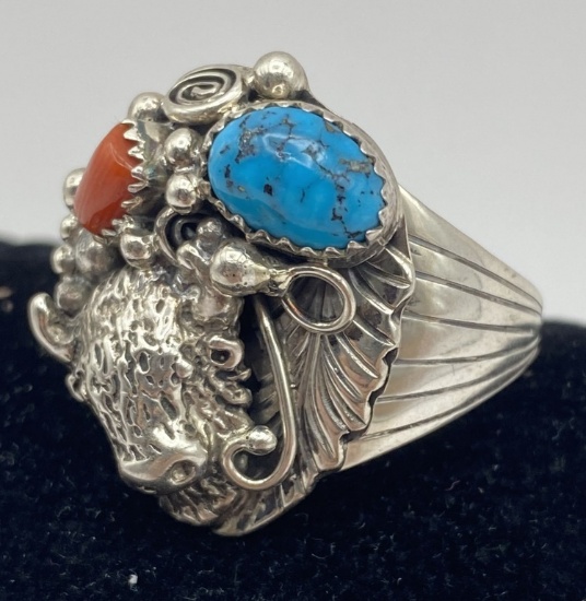 SIZE 12 NAVAJO STERLING TURQUOISE BUFFALO RING