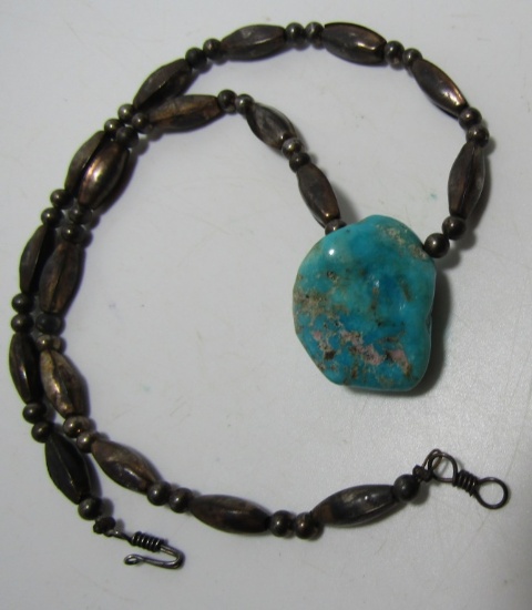 TURQUOISE NUGGET & STERLING SILVER BEADED NECKLACE