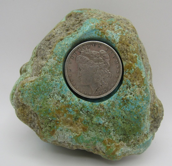 1890 SILVER DOLLAR TURQUOISE PAPERWEIGHT 1035 GRAM
