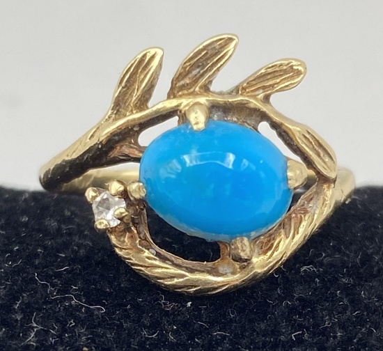 10K SOLID GOLD DIAMOND TURQUOISE LEAF RING