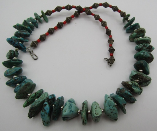 24" TURQUOISE NUGGET STERLING SILVER BEAD NECKLACE