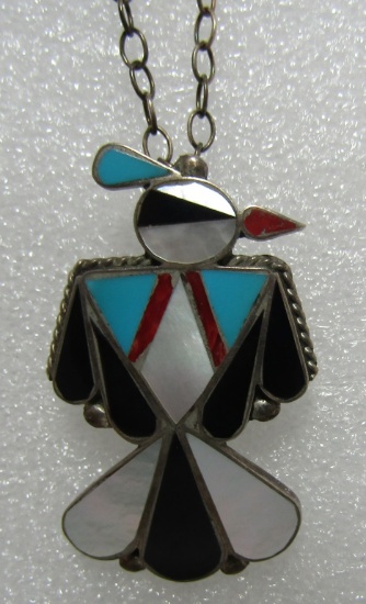 TURQUOISE INLAY THUNDERBIRD NECKLACE PIN STERLING
