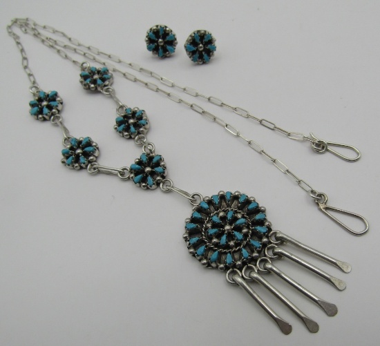 "TL" PETITPOINT TURQUOISE NECKLACE EARRINGS SILVER