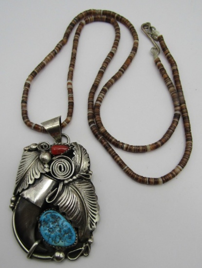 BEAR CLAW TURQUOISE HEISHI NECKLACE STERLING SILVE