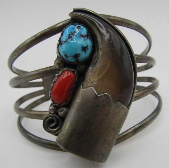 PETERS BEAR CLAW TURQUOISE CUFF BRACELET STERLING