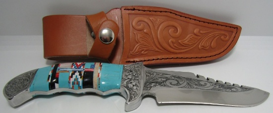 TURQUOISE INLAY AND ETCHED BOWIE KNIFE