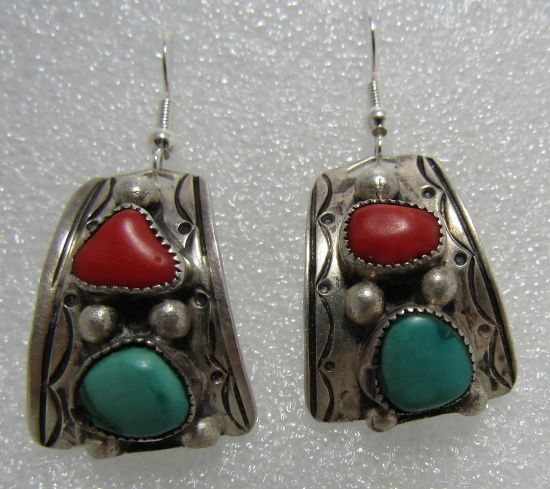 "HY"  TURQUOISE & CORAL EARRINGS STERLING SILVER