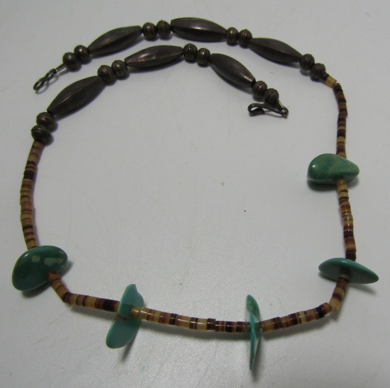 OLD PAWN TURQUOISE HEISHI BEAD NECKLACE STERLING