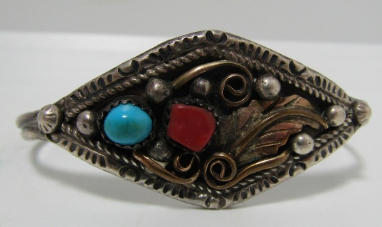 TURQUOISE CORAL CUFF BRACELET GOLD STERLING SILVER