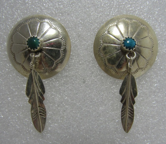 TURQUOISE CONCHO EARRINGS STERLING SILVER FEATHER