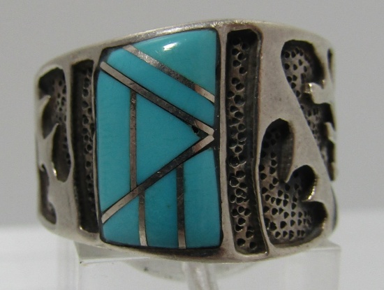 MARKED INLAY TURQUOISE RING STERLING SILVER SIZE10