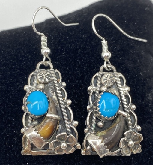 STERLING CLAW TURQUOISE NATIVE AMERICAN EARRINGS