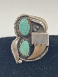 SIZE 14 NAVAJO STERLING TURQUOISE BEAR CLAW RING