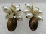 GENUINE 14K GOLD TIGER EYE PEARL EARRINGS