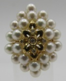 24 PEARL 5 DIAMOND RING 14K GOLD CLUSTER