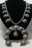CLARK TURQUOISE SQUASH BLOSSOM NECKLACE STERLING