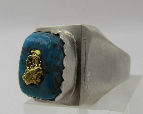 GOLD NUGGET TURQUOISE RING STERLING SILVER