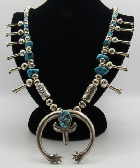 STERLING SILVER TURQUOISE SQUASH BLOSSOM NECKLACE