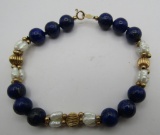 14K GOLD, PEARL & 8MM LAPIS BEAD BRACELET