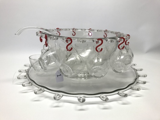 Heisey Lariat Pattern Punch Bowl W/21" Undertray & 12 Cups-7.5" Tall