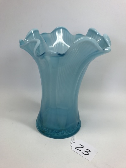 Blue Carnival Glass 7.25"T. Vase W/Flared Top