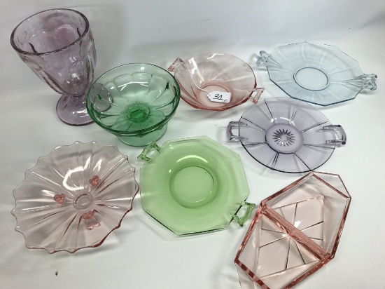 (8) Colored Glass Items: Bon-bons, Condiment Bowl, Candy Dish, & Others As Shown