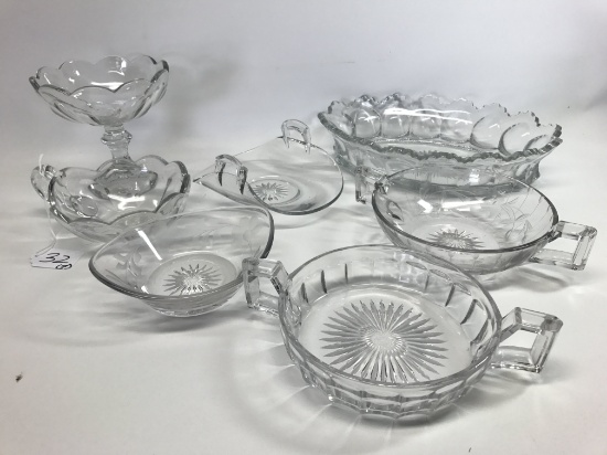 (7) Heisey Colony Pattern Items: 10" Oblong bowl, 5"T. Compote, (3) Nappys, & Bon-Bon